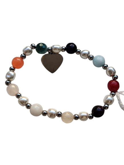 Pulsera elástica con bolitas de colores y plateado, y corazón