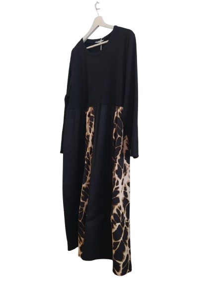 Vestido midi de manga larga, negro "Animal Print"