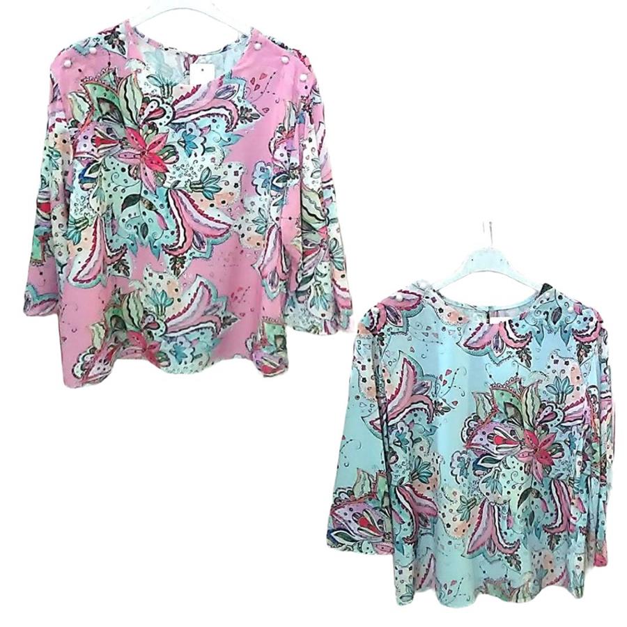 Blusa estampada con dibujo de flores campanillas, sedosa